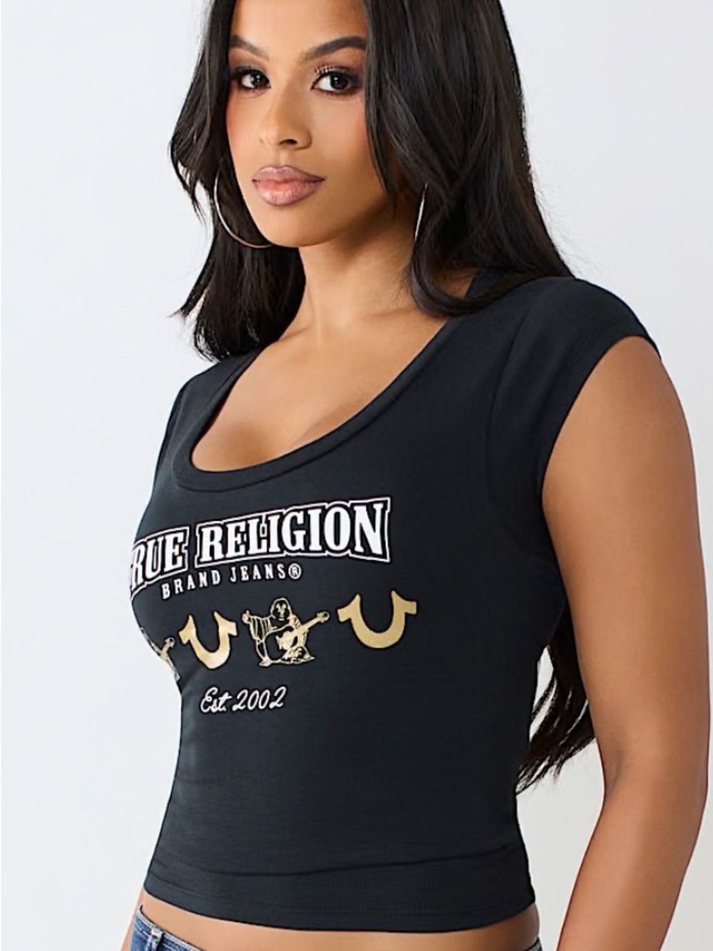 True Religion Black Crop Tee with Gold Logo - Picture 3 of 6